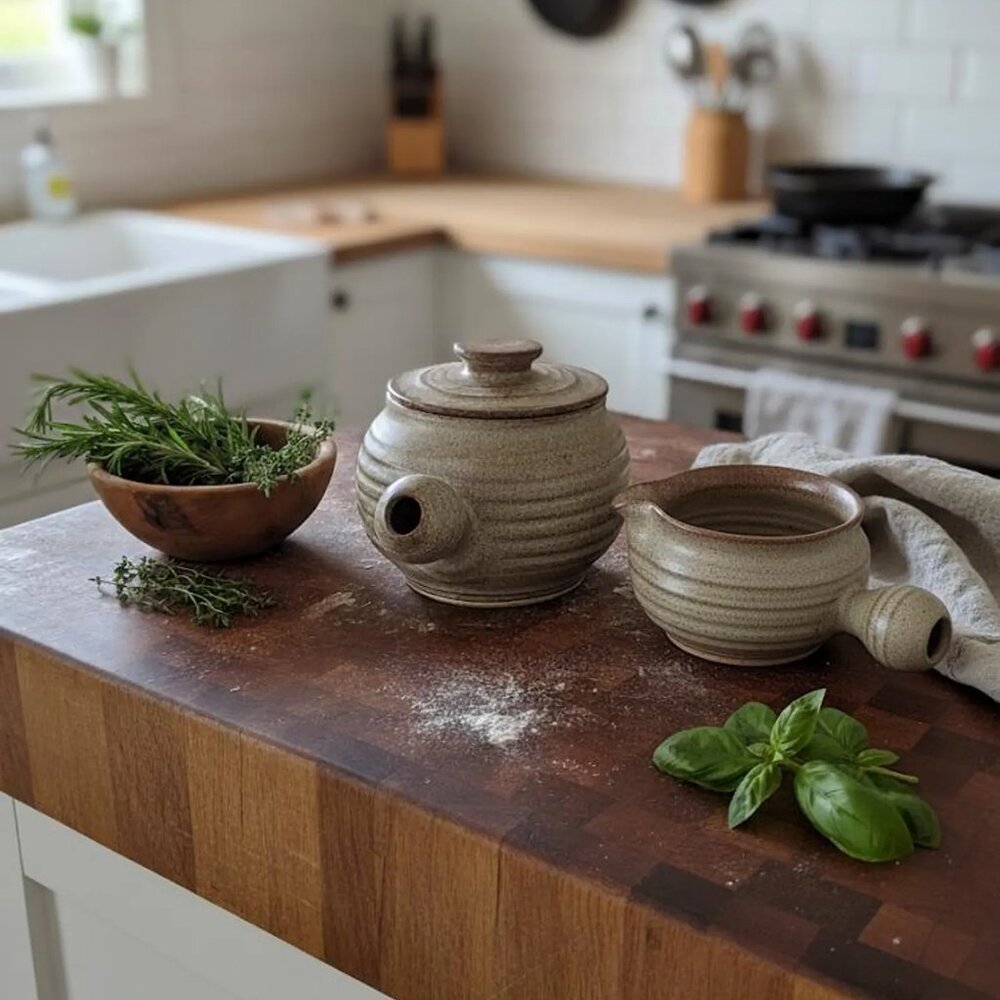 Pair of Vintage Stoneware Crock With Lid and Gravy Boat